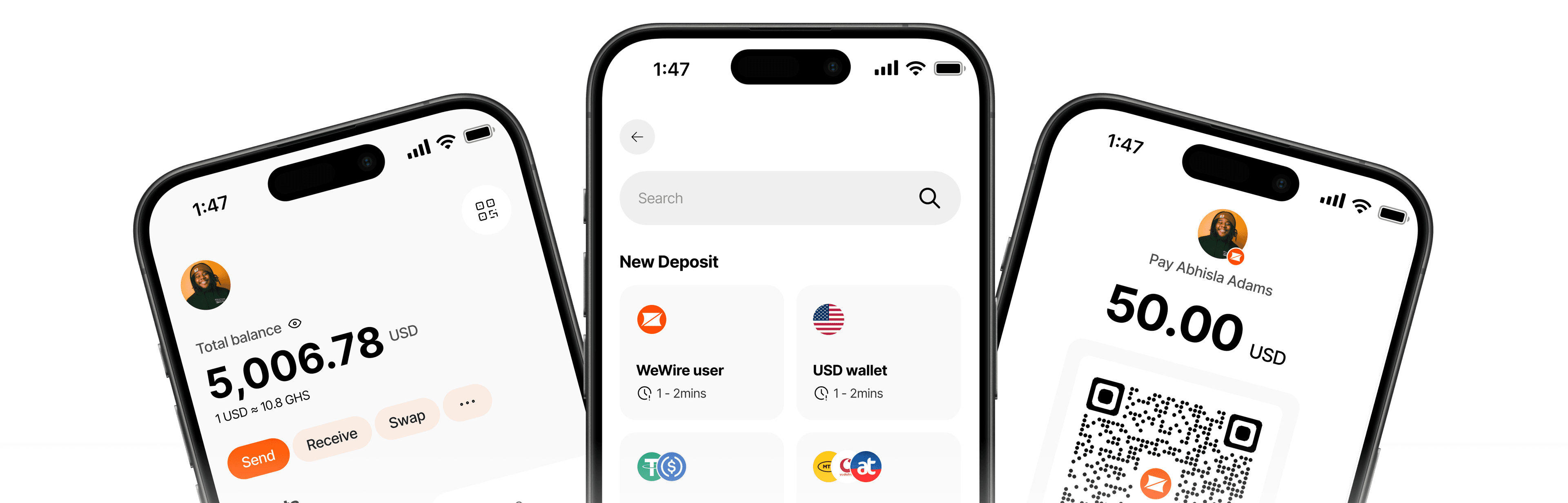 WeWire App - Home, Payment, and Transfer screens